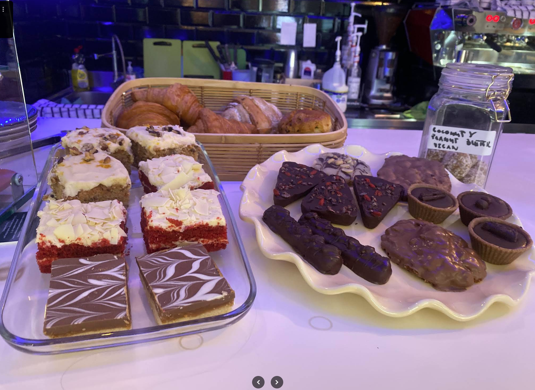 Red velvet cake, croissants, and chocolate treats